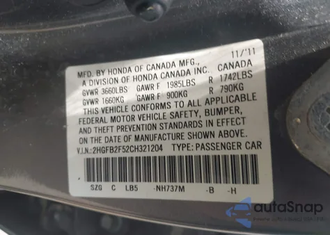 2012 Honda Civic Lx из США, поврежденный, VIN 2HGFB2F52CH321204